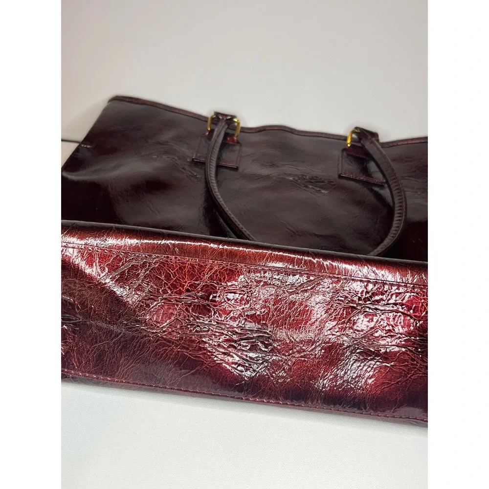Vintage Estee Lauder Burgundy Patent Leather Tote Bag Crinkled Dark Copper
